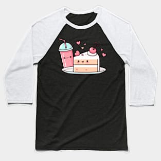 Kawaii Strawberry Cake and Drink with Hearts | Cute Kawaii Food Art for Kawaii lovers Baseball T-Shirt